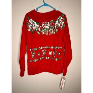 NWT 1980s Michel Nicole Puffy Christmas Glitter Candy Cane Bells Sweatshirt L